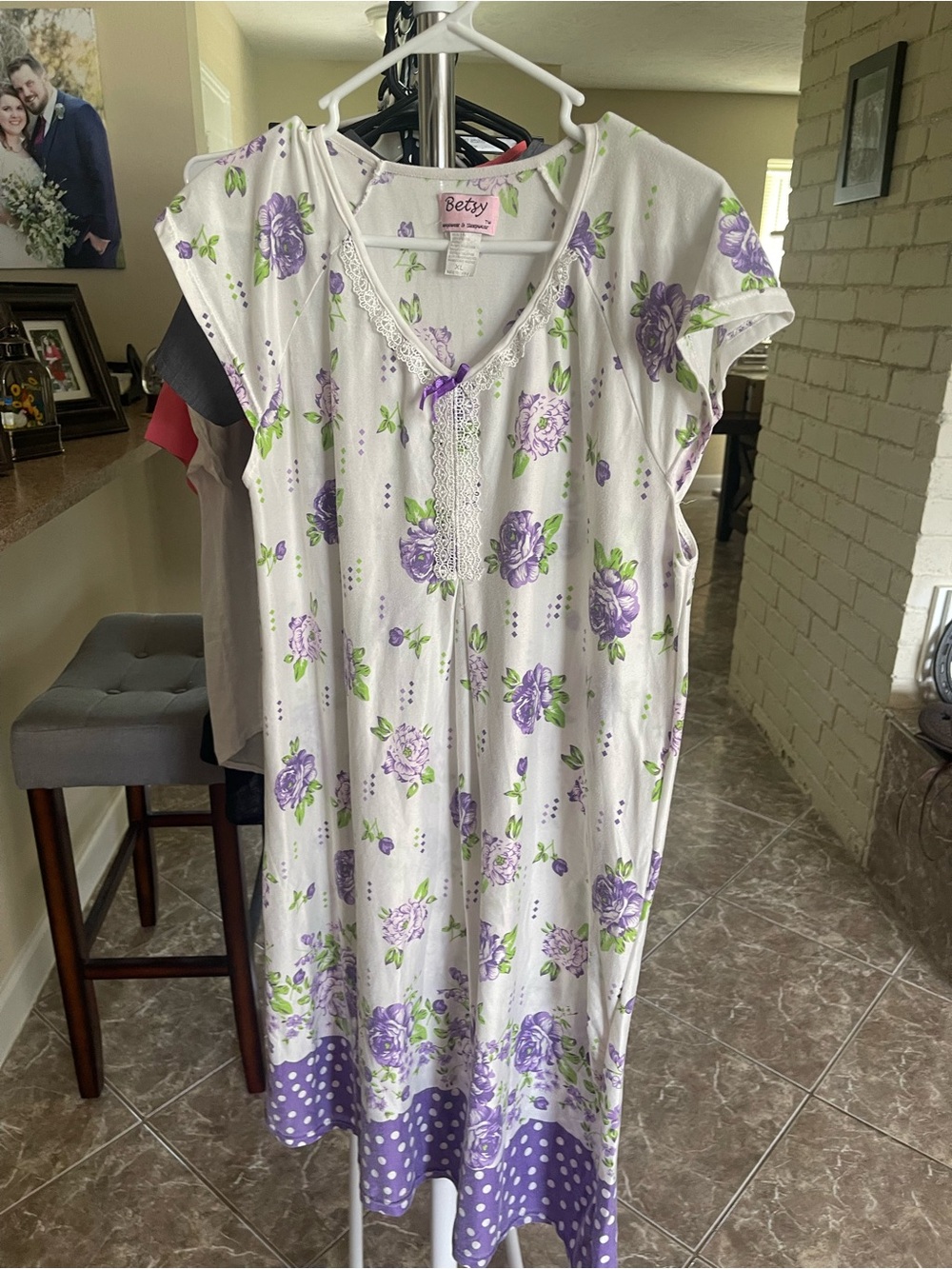 Betsy White Floral Nightgown‎ with Purple & Green Accents